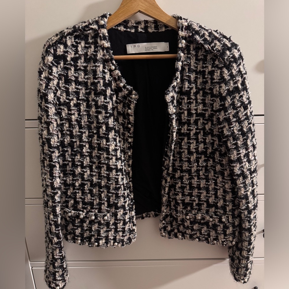 IRO Gonna Pearl Embellish Crop Tweed Jacket Wool Blend